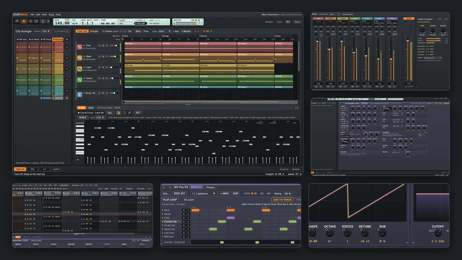 A collage of the studio: the Timeline with the Clip Arranger and piano roll, the mixer with its limiter, an instrument editor, the tracker, the drum kit's step sequencer and a synth's macro knobs.