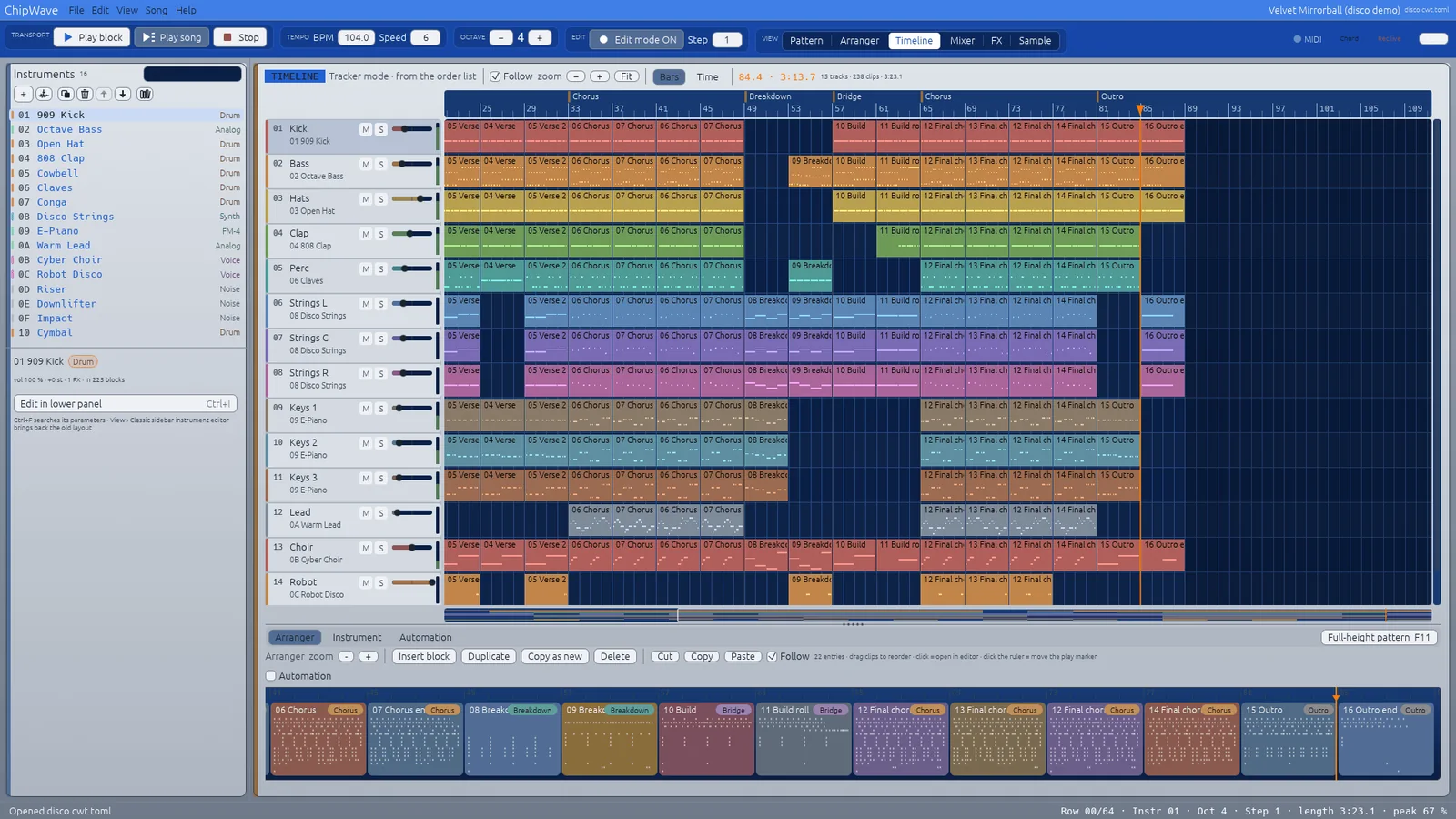 The same song in the Amiga theme: light Workbench panels, blue headers and an orange cursor.