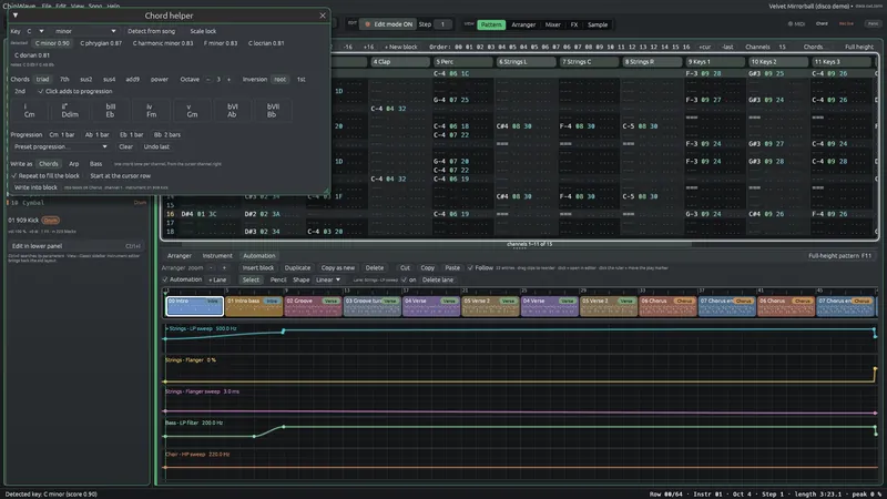 The chord helper window with chord pads and a progression.