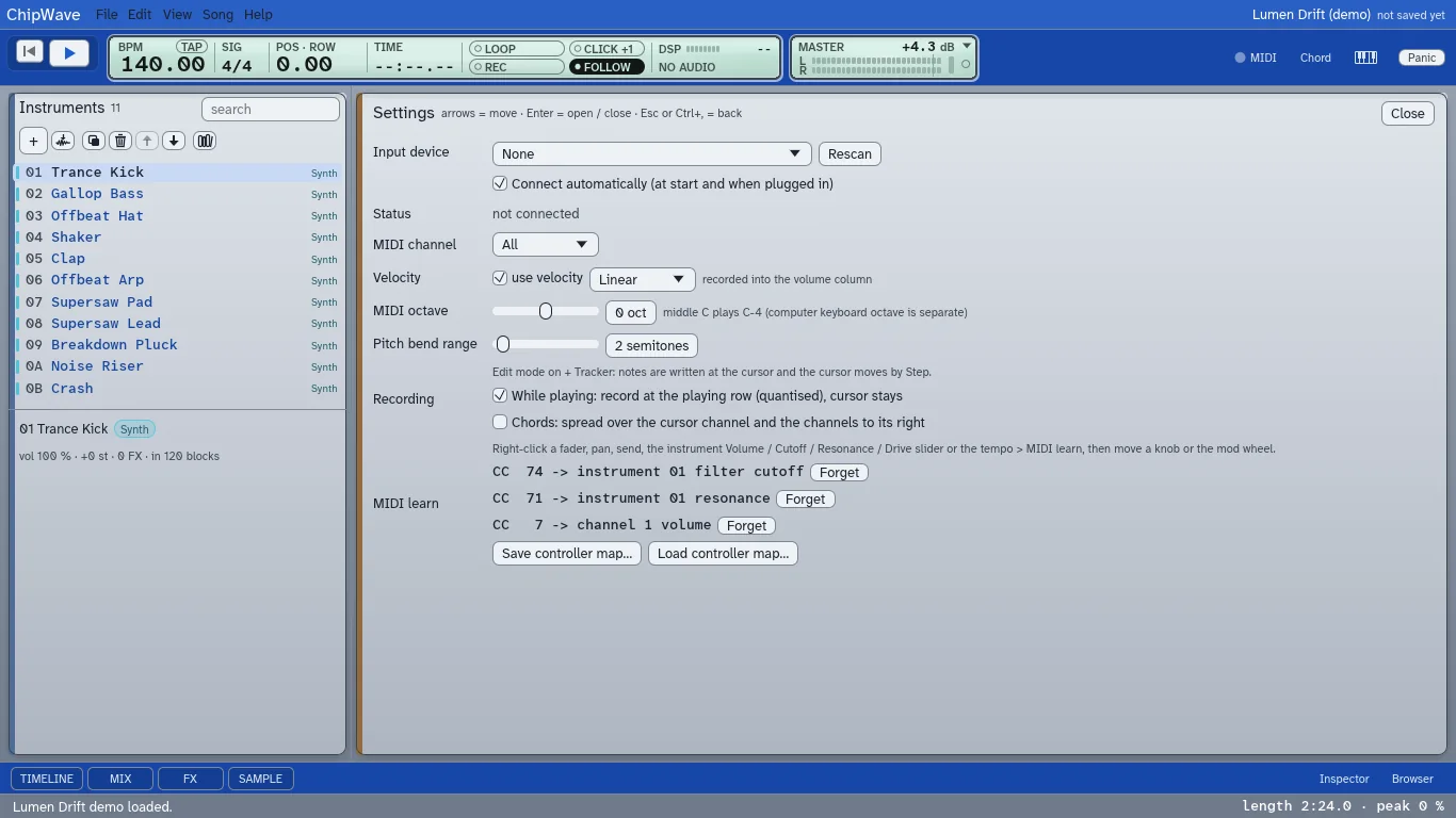 The MIDI settings card in the Amiga theme, listing three learned controls with Save controller map and Load controller map buttons beneath.