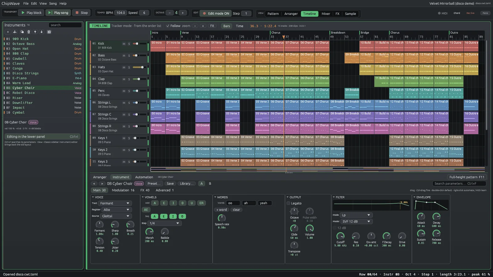 The Timeline in the Dark Circuit theme: near-black panels with green and amber clips.