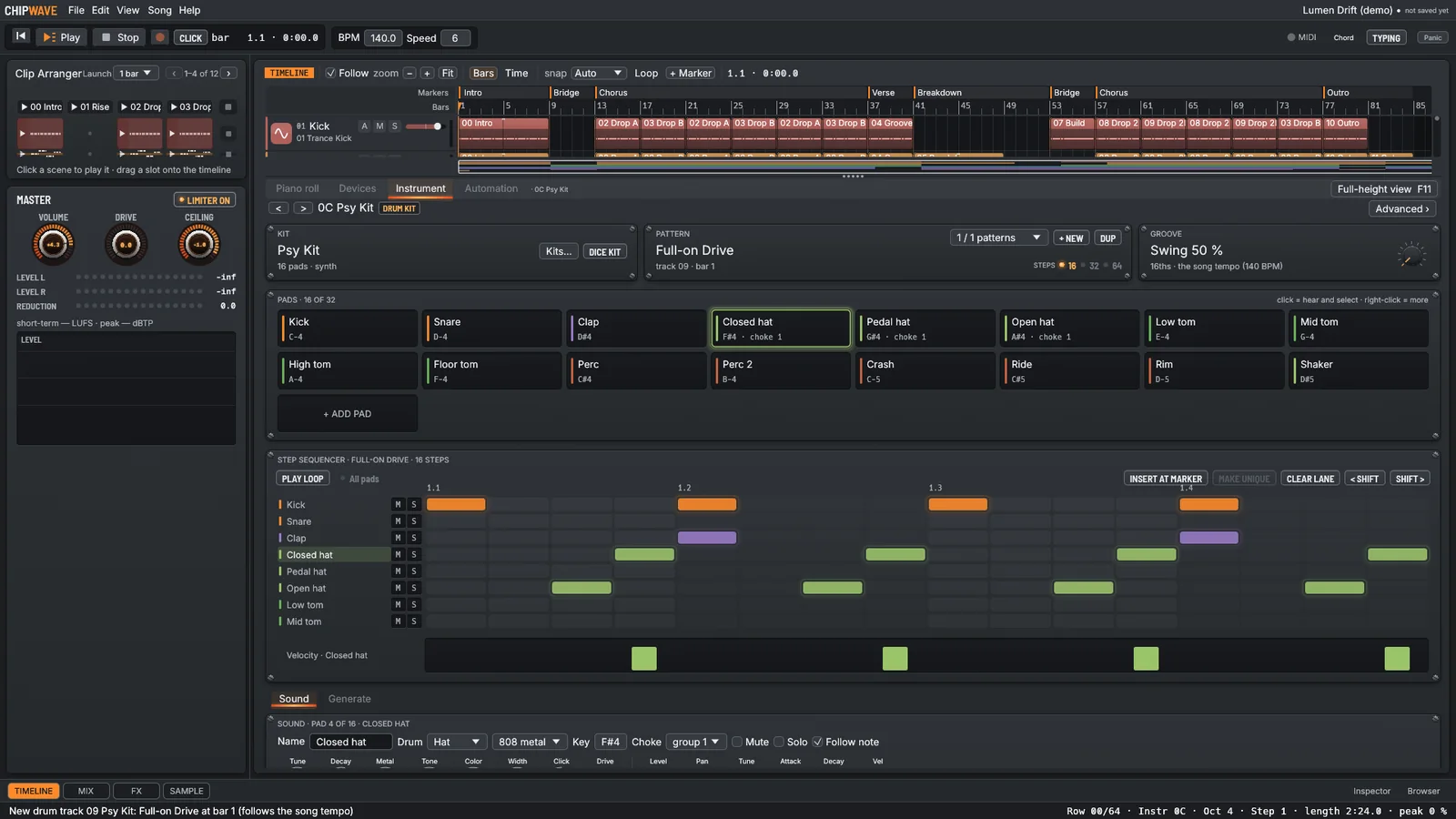 The Drum Kit editor with pads, a step sequencer and a velocity lane.
