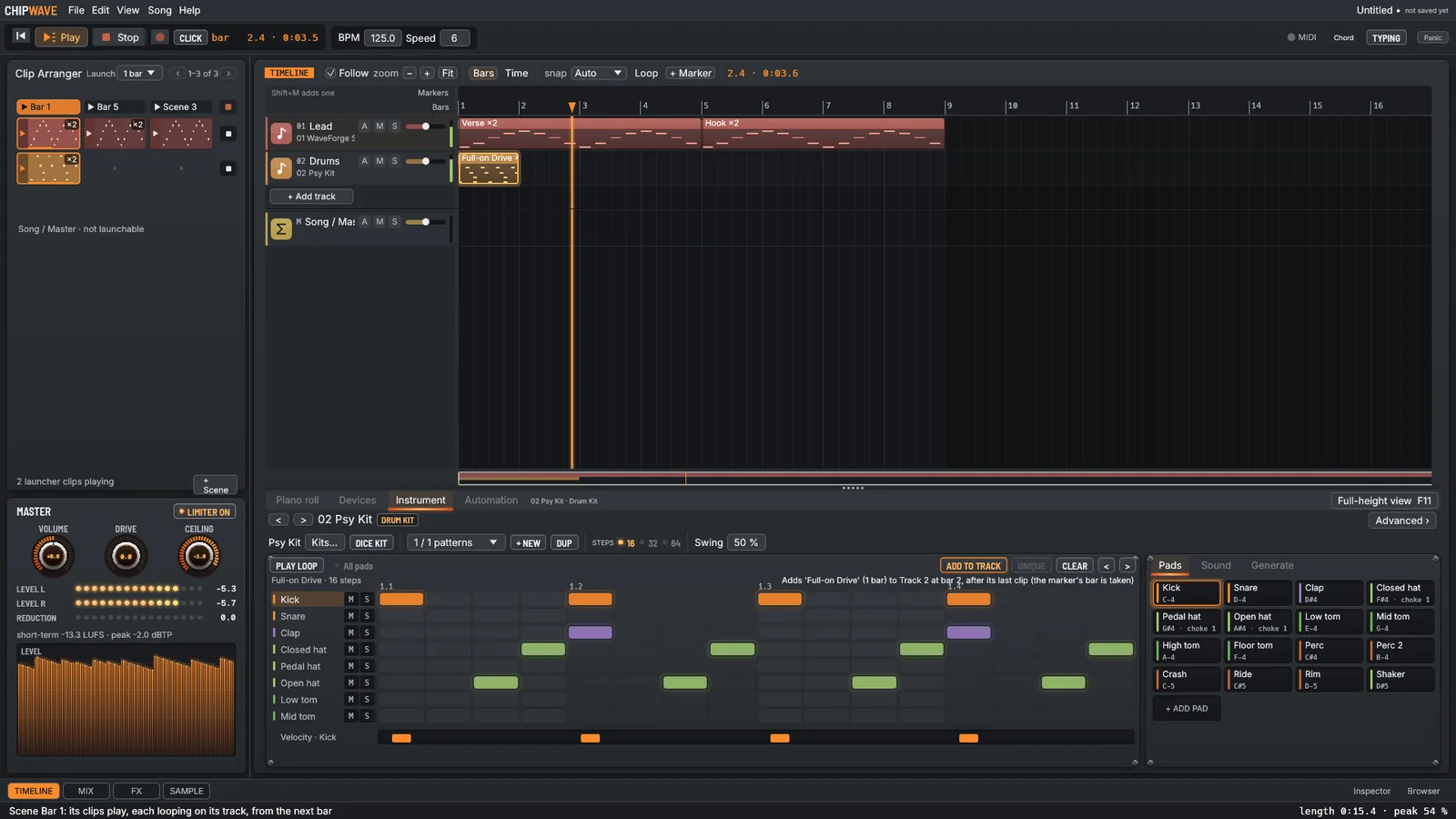 The Timeline with the Clip Arranger open on the left, showing scenes and launcher clips above the drum kit's step sequencer.