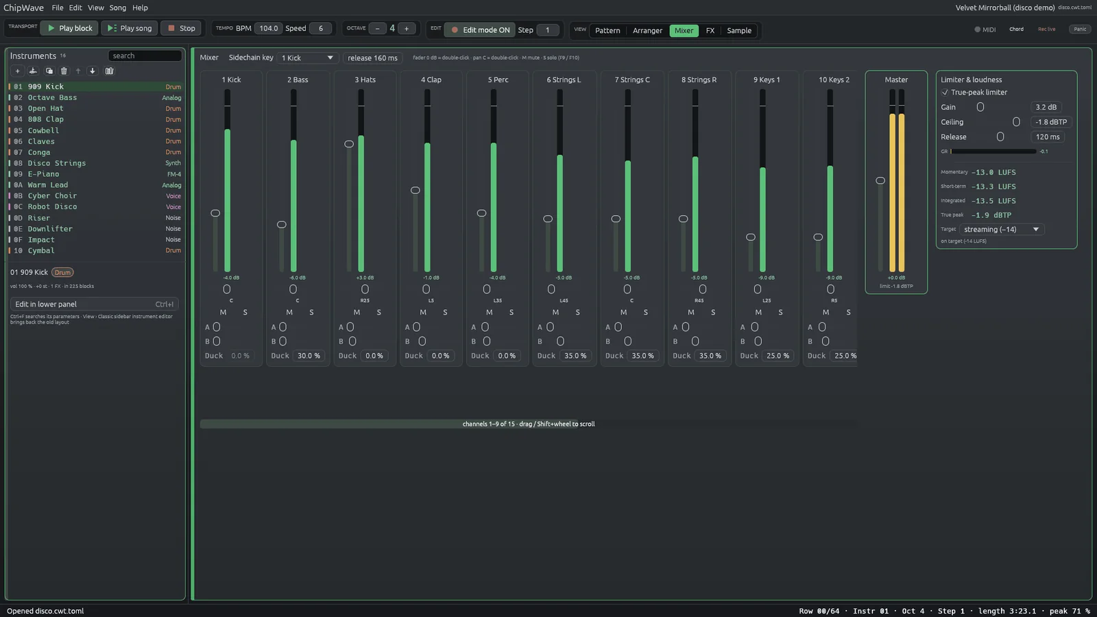The mixer with channel strips, send returns and the pinned Master panel showing the limiter and a LUFS loudness reading.