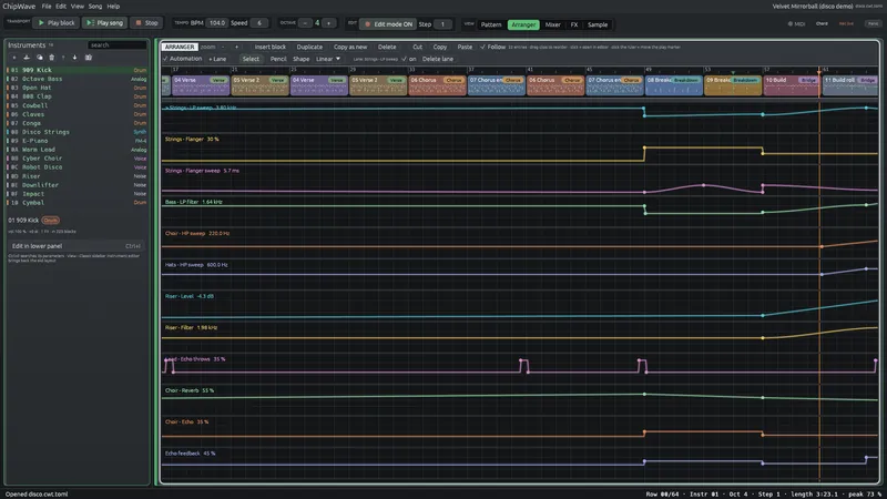 The Order list with clips and automation lanes.
