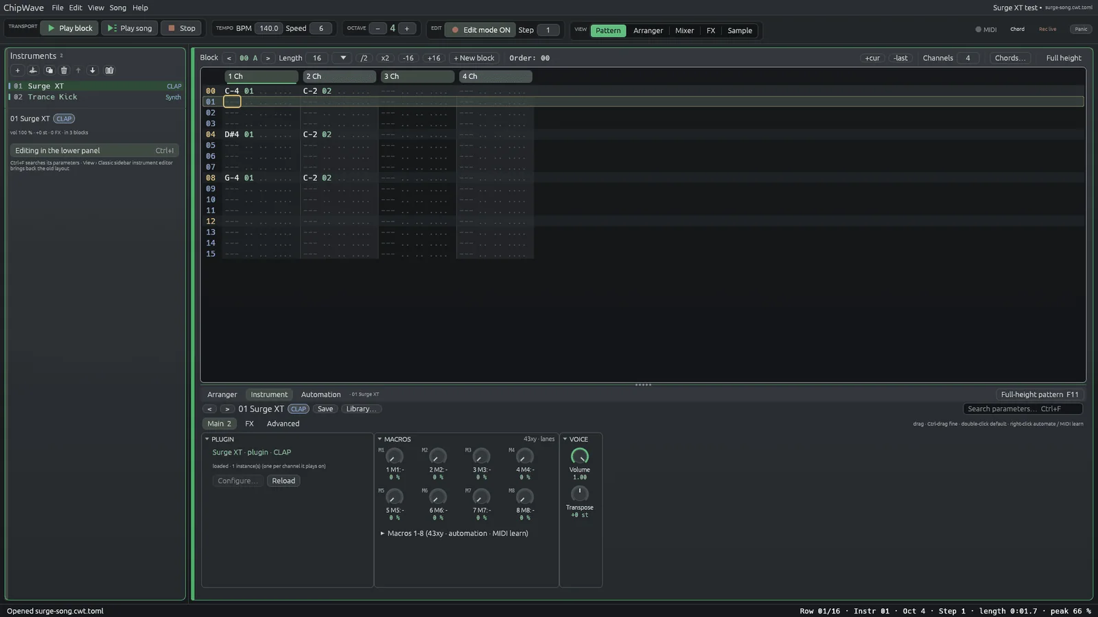 Surge XT loaded as a CLAP instrument, with its eight macro knobs and the parameter list in the lower panel.