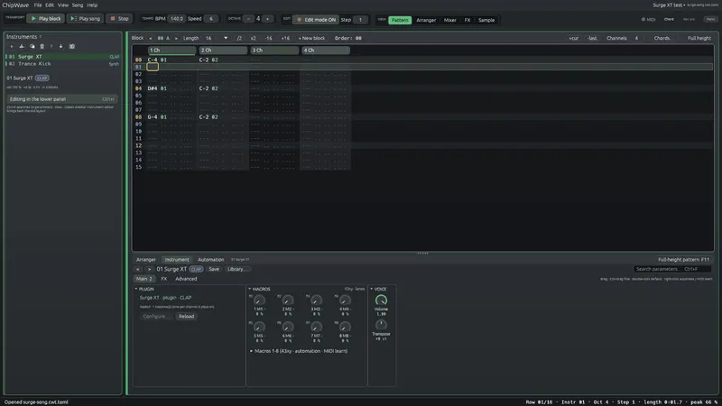 A CLAP plugin instrument with its macro knobs.