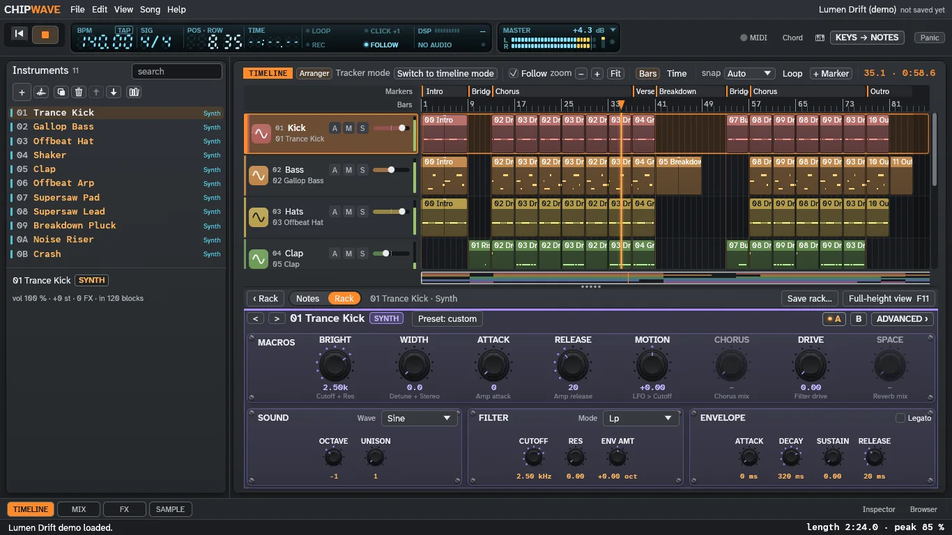 The Timeline and Rack in the default Slate theme: slate grey panels with orange accents.