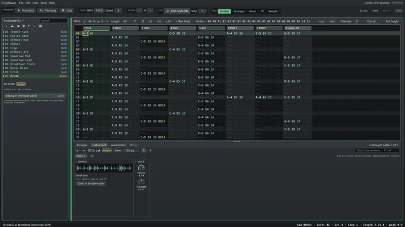 The sample editor showing a sliced breakbeat.