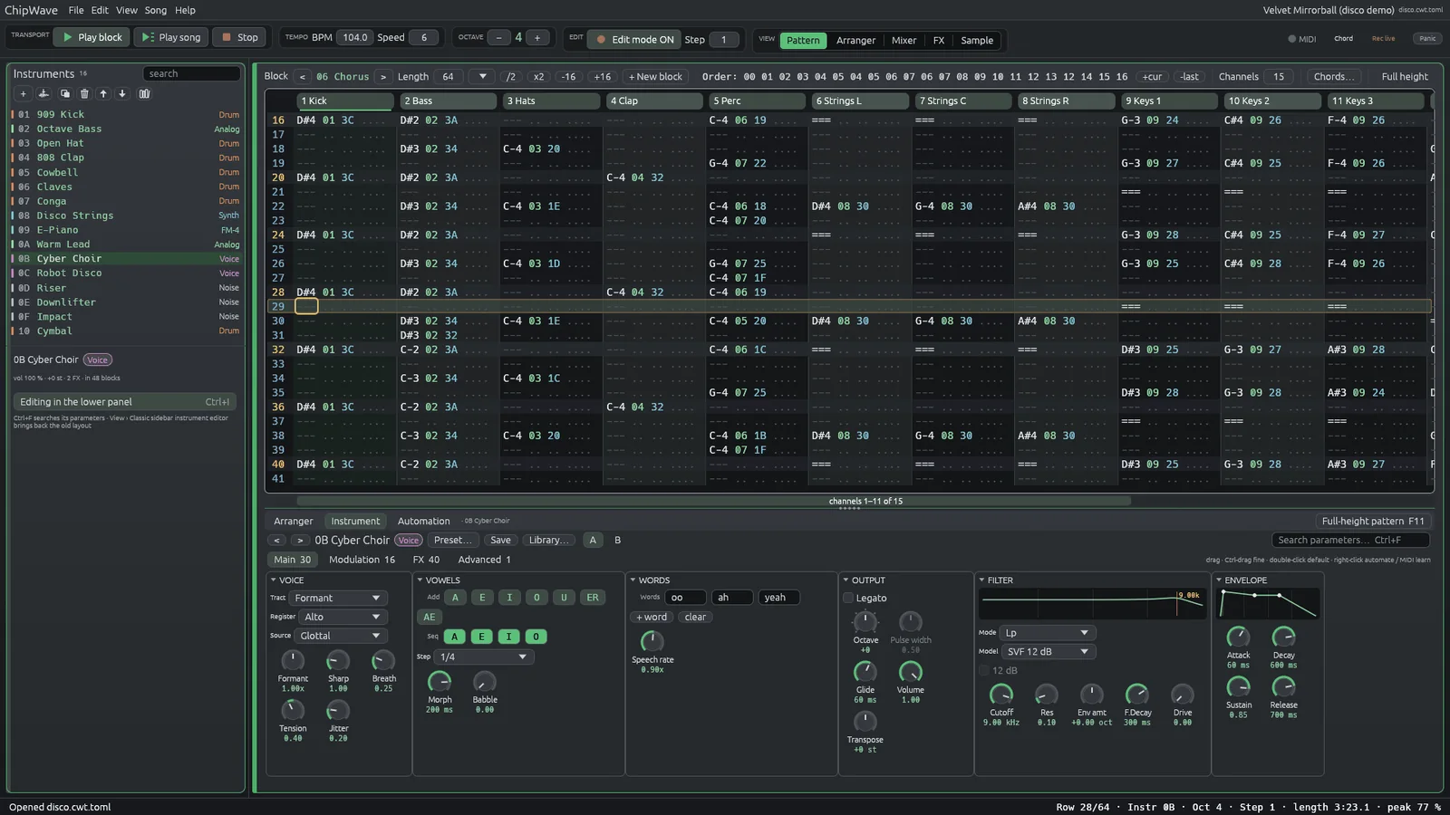 The Tracker playing the Velvet Mirrorball disco demo, with the Cyber Choir voice open in the instrument editor below.