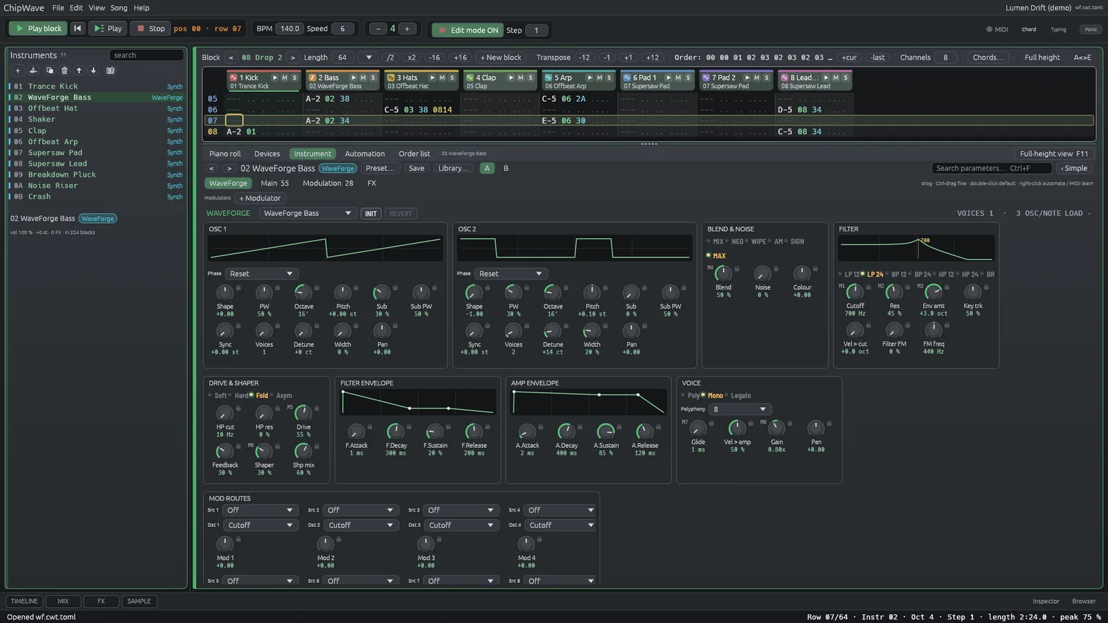 The WaveForge polyphonic synth editor, showing two oscillators, unison, filters and envelopes side by side.